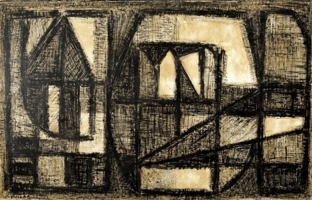 <b>OBJECTO AMERICANO EN TRES BLOQUES</b>, 1956 <br> Tinta china sobre cartulina fijada en masonite | Chinese ink on card fixed on masonite<br> 64,5 x 99,5 cm | 25 3/8 x 39 3/16 in. 