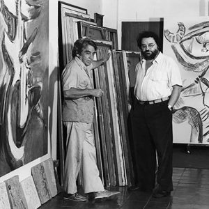 Oswaldo Vigas and Raoul Jean Moulin in the Vigas’ studio in Los Dos Caminos, Caracas, 1983
