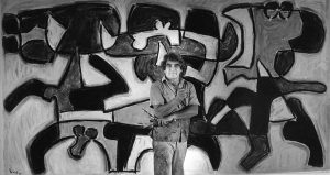 Oswaldo Vigas with his artwork Wawaki, 1983 - 1984