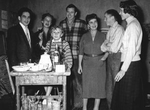 Oswaldo Vigas, Madame Prévot (director of the Galerie de France), Alfred Manessier with his family, and Sonia Delgado. Alfred Manessier’s studio, Paris, 1950s