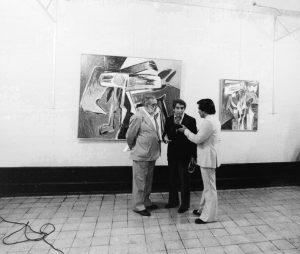 Oswaldo Vigas and José María Moreno Galván during the opening of the exhibition Oswaldo Vigas, imagen de una identidad expresiva, Italian Art Museum of Lima, Peru, 1977