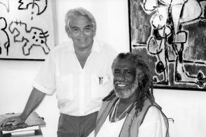 Oswaldo Vigas and Manuel Mendive, during the opening of Vigas’ exhibition, Obras Recientes, Corinne Timsit Gallery, Paris, 1994