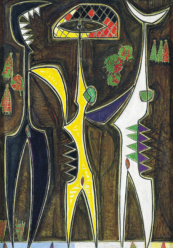 <b>TRES BRUJAS NACIENTES</b>, 1952<br>Oil on canvas | Óleo sobre tela<br>36 1/4 x 25 9/16 in. | 92 x 65 cm