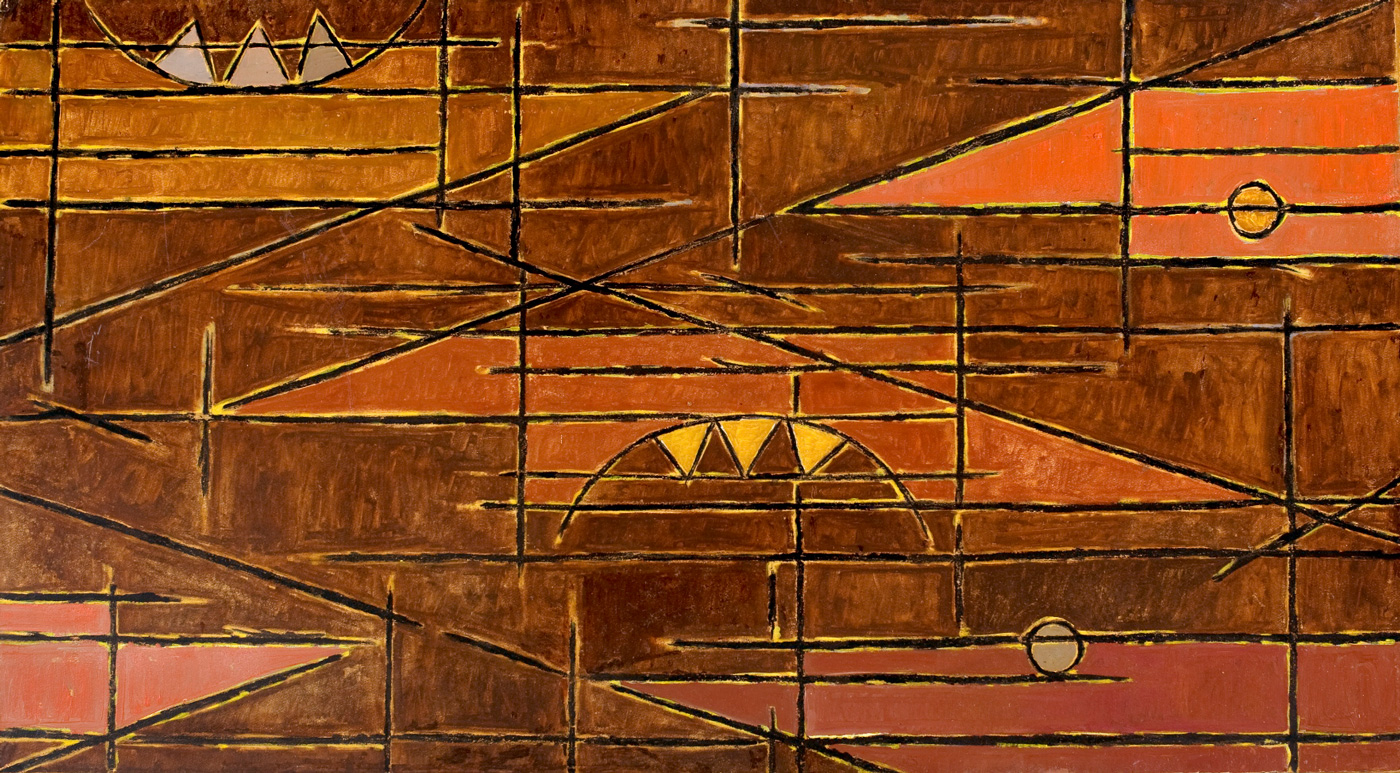 <b>PROYECTO PARA MURAL VI</b>, 1953 <br> Óleo sobre cartulina fijado en Masonite | Oil on card fixed on masonite<br> 60 x 109 cm | 23 5/8 x 42 15/16 in. 
