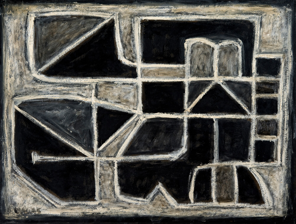 <b>OBJETO NEGRO</b>, 1955 <br> Óleo sobre masonite | Oil on masonite<br> 50 x 65 cm | 19 11/16 x 25 9/16 in. 