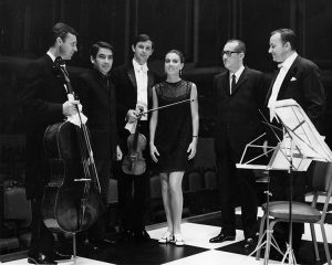 Oswaldo Vigas and Juan Astorga Anta with the Foster Trio, during the concert offered as part of the activities of the first International Music Festival of Merida, 1968
