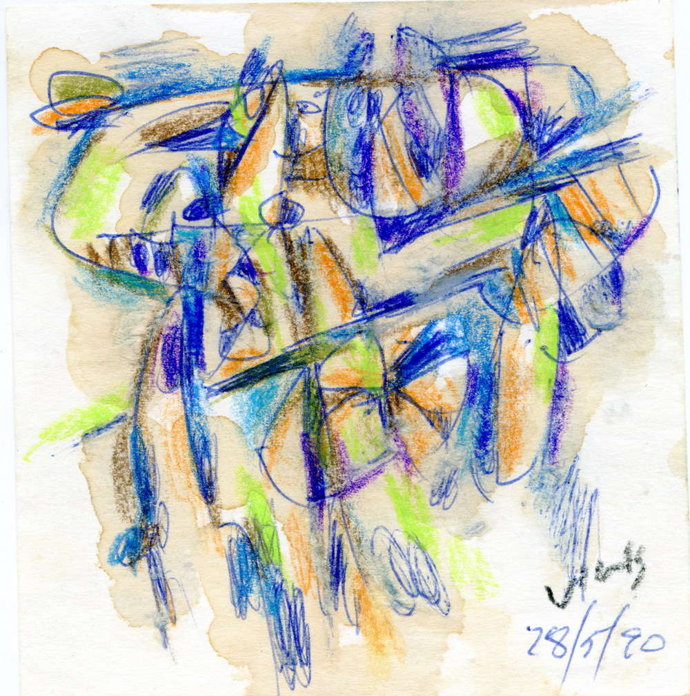 <b>SIN TÍTULO</b>, 1990 <br> Pen, wax crayon and coffee on paper | Bolígrafo, creyón de cera y café sobre papel<br> 3.74 x 3.54 in | 9,5 x 9 cm 
