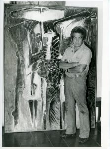 Oswaldo Vigas with his artwork Mi Animal de Costumbre, in his studio in Los Dos Caminos, Caracas, 1973