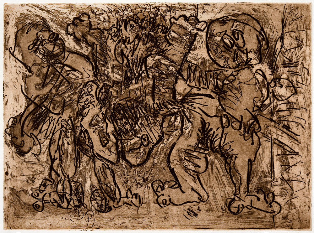 <b>LA LUCHA POR EL CORDERO</b>, 1963 - 1998 <br> Aguafuerte | Etching<br> Plancha: 39,7 x 29,3 cm | Plate: 15.62 x 11.53 in 